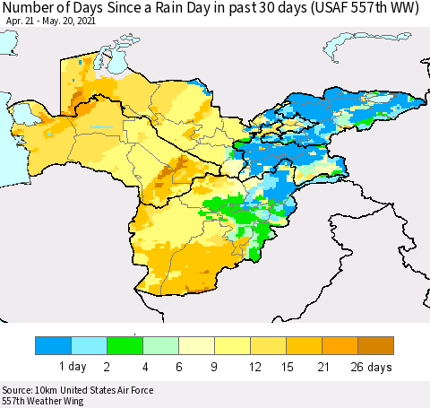 Central Asia Number of Days Since a Rain Day in past 30 days (USAF 557th WW) Thematic Map For 5/16/2021 - 5/20/2021