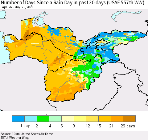 Central Asia Number of Days Since a Rain Day in past 30 days (USAF 557th WW) Thematic Map For 5/21/2021 - 5/25/2021