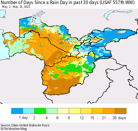 Central Asia Number of Days Since a Rain Day in past 30 days (USAF 557th WW) Thematic Map For 5/26/2021 - 5/31/2021