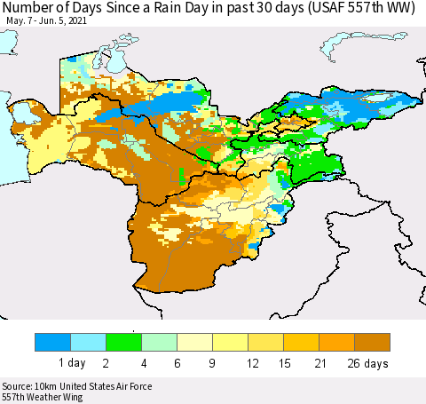 Central Asia Number of Days Since a Rain Day in past 30 days (USAF 557th WW) Thematic Map For 6/1/2021 - 6/5/2021