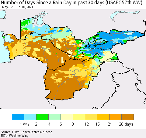 Central Asia Number of Days Since a Rain Day in past 30 days (USAF 557th WW) Thematic Map For 6/6/2021 - 6/10/2021