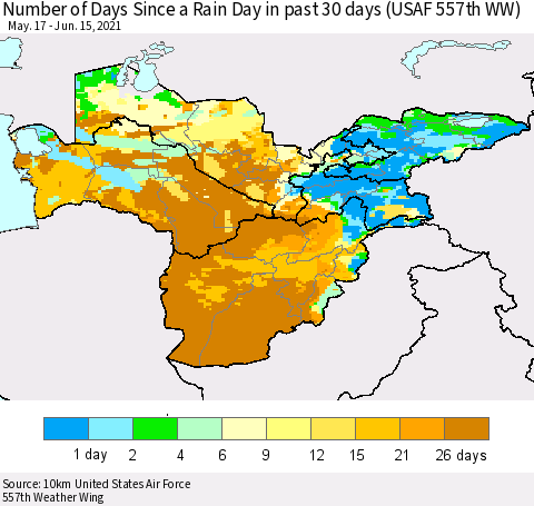 Central Asia Number of Days Since a Rain Day in past 30 days (USAF 557th WW) Thematic Map For 6/11/2021 - 6/15/2021