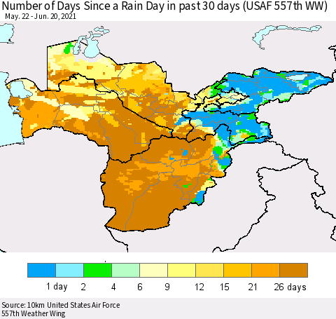 Central Asia Number of Days Since a Rain Day in past 30 days (USAF 557th WW) Thematic Map For 6/16/2021 - 6/20/2021