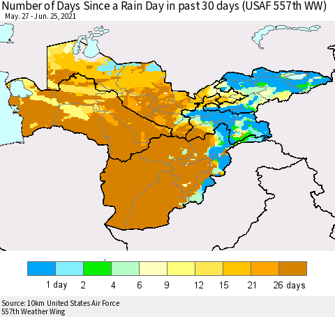 Central Asia Number of Days Since a Rain Day in past 30 days (USAF 557th WW) Thematic Map For 6/21/2021 - 6/25/2021