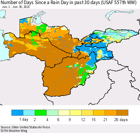 Central Asia Number of Days Since a Rain Day in past 30 days (USAF 557th WW) Thematic Map For 6/26/2021 - 6/30/2021