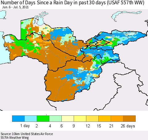 Central Asia Number of Days Since a Rain Day in past 30 days (USAF 557th WW) Thematic Map For 7/1/2021 - 7/5/2021