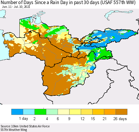 Central Asia Number of Days Since a Rain Day in past 30 days (USAF 557th WW) Thematic Map For 7/6/2021 - 7/10/2021