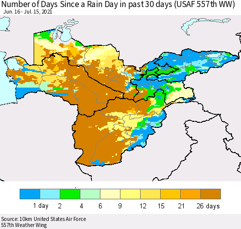 Central Asia Number of Days Since a Rain Day in past 30 days (USAF 557th WW) Thematic Map For 7/11/2021 - 7/15/2021