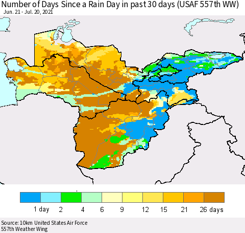 Central Asia Number of Days Since a Rain Day in past 30 days (USAF 557th WW) Thematic Map For 7/16/2021 - 7/20/2021