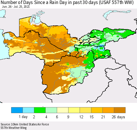 Central Asia Number of Days Since a Rain Day in past 30 days (USAF 557th WW) Thematic Map For 7/21/2021 - 7/25/2021