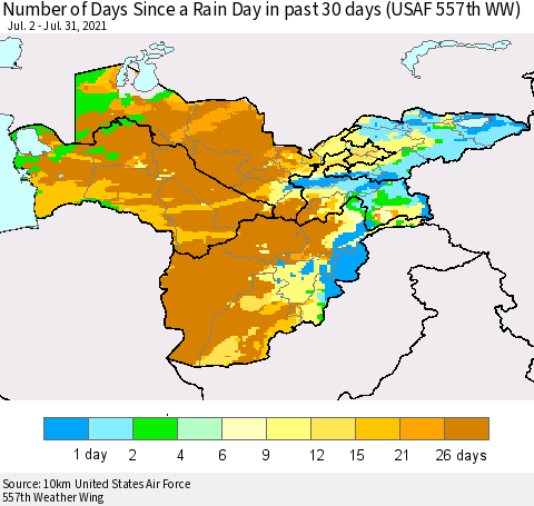 Central Asia Number of Days Since a Rain Day in past 30 days (USAF 557th WW) Thematic Map For 7/26/2021 - 7/31/2021