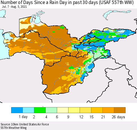Central Asia Number of Days Since a Rain Day in past 30 days (USAF 557th WW) Thematic Map For 8/1/2021 - 8/5/2021