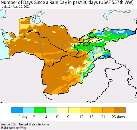 Central Asia Number of Days Since a Rain Day in past 30 days (USAF 557th WW) Thematic Map For 8/6/2021 - 8/10/2021