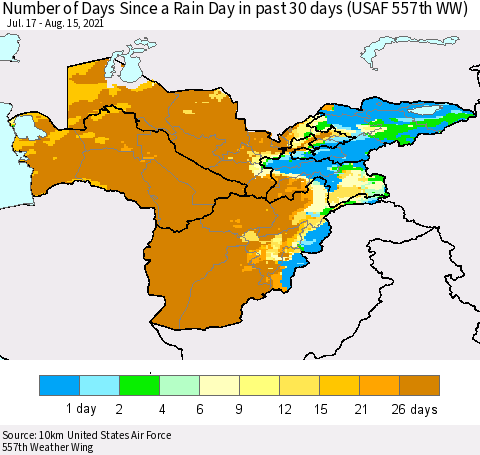Central Asia Number of Days Since a Rain Day in past 30 days (USAF 557th WW) Thematic Map For 8/11/2021 - 8/15/2021