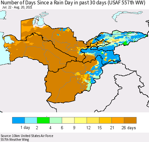 Central Asia Number of Days Since a Rain Day in past 30 days (USAF 557th WW) Thematic Map For 8/16/2021 - 8/20/2021