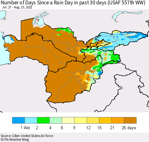 Central Asia Number of Days Since a Rain Day in past 30 days (USAF 557th WW) Thematic Map For 8/21/2021 - 8/25/2021