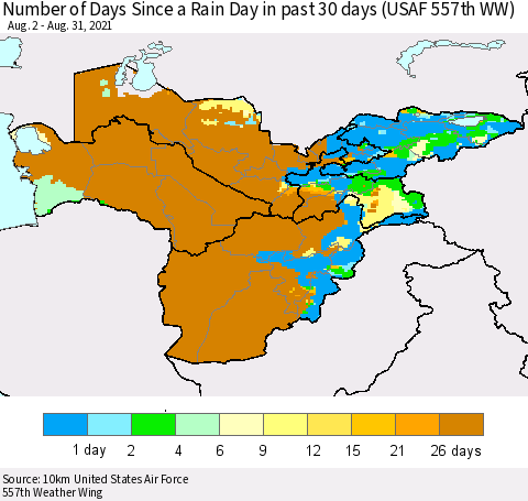 Central Asia Number of Days Since a Rain Day in past 30 days (USAF 557th WW) Thematic Map For 8/26/2021 - 8/31/2021