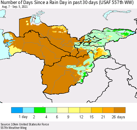 Central Asia Number of Days Since a Rain Day in past 30 days (USAF 557th WW) Thematic Map For 9/1/2021 - 9/5/2021