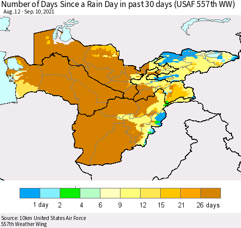 Central Asia Number of Days Since a Rain Day in past 30 days (USAF 557th WW) Thematic Map For 9/6/2021 - 9/10/2021