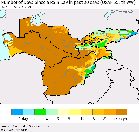 Central Asia Number of Days Since a Rain Day in past 30 days (USAF 557th WW) Thematic Map For 9/11/2021 - 9/15/2021