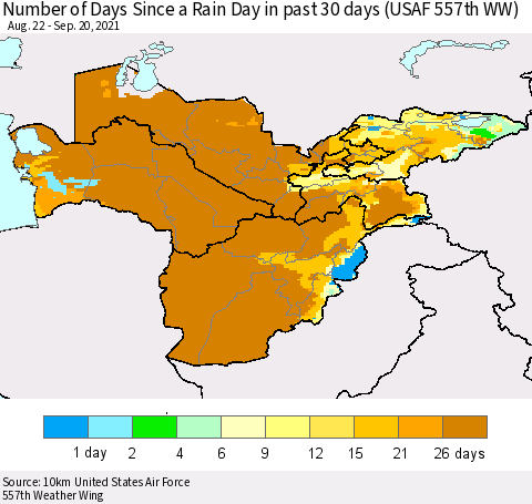 Central Asia Number of Days Since a Rain Day in past 30 days (USAF 557th WW) Thematic Map For 9/16/2021 - 9/20/2021