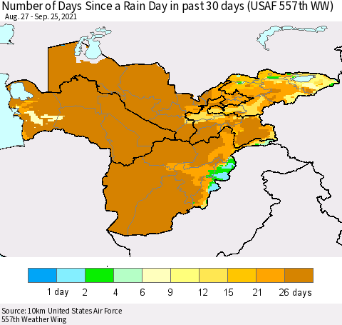 Central Asia Number of Days Since a Rain Day in past 30 days (USAF 557th WW) Thematic Map For 9/21/2021 - 9/25/2021