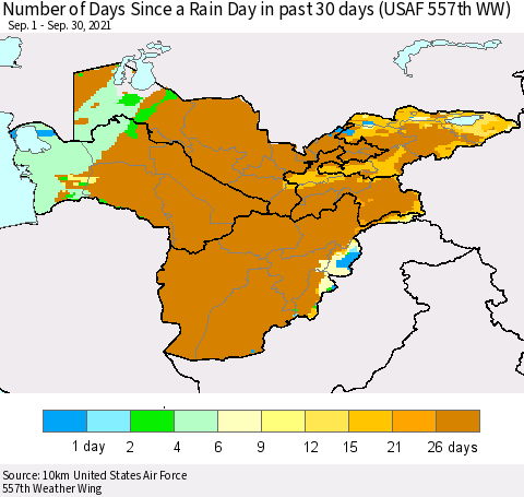 Central Asia Number of Days Since a Rain Day in past 30 days (USAF 557th WW) Thematic Map For 9/26/2021 - 9/30/2021