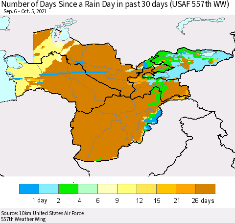 Central Asia Number of Days Since a Rain Day in past 30 days (USAF 557th WW) Thematic Map For 10/1/2021 - 10/5/2021