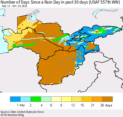 Central Asia Number of Days Since a Rain Day in past 30 days (USAF 557th WW) Thematic Map For 10/6/2021 - 10/10/2021