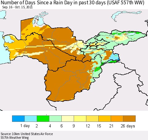 Central Asia Number of Days Since a Rain Day in past 30 days (USAF 557th WW) Thematic Map For 10/11/2021 - 10/15/2021