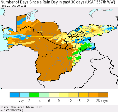 Central Asia Number of Days Since a Rain Day in past 30 days (USAF 557th WW) Thematic Map For 10/16/2021 - 10/20/2021