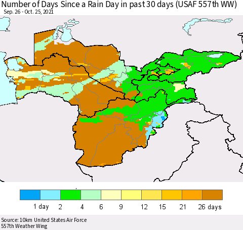 Central Asia Number of Days Since a Rain Day in past 30 days (USAF 557th WW) Thematic Map For 10/21/2021 - 10/25/2021