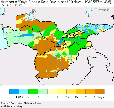 Central Asia Number of Days Since a Rain Day in past 30 days (USAF 557th WW) Thematic Map For 10/26/2021 - 10/31/2021