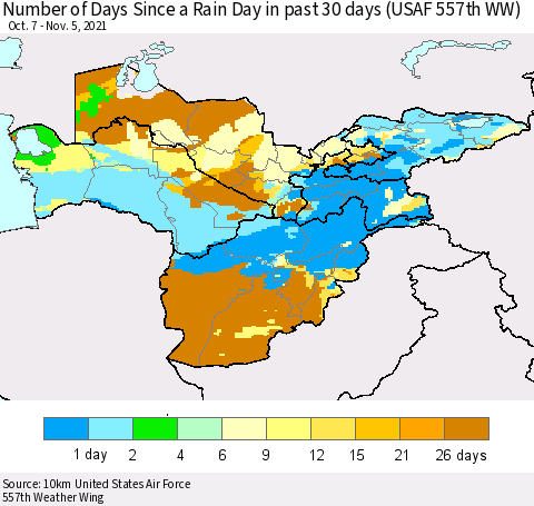 Central Asia Number of Days Since a Rain Day in past 30 days (USAF 557th WW) Thematic Map For 11/1/2021 - 11/5/2021