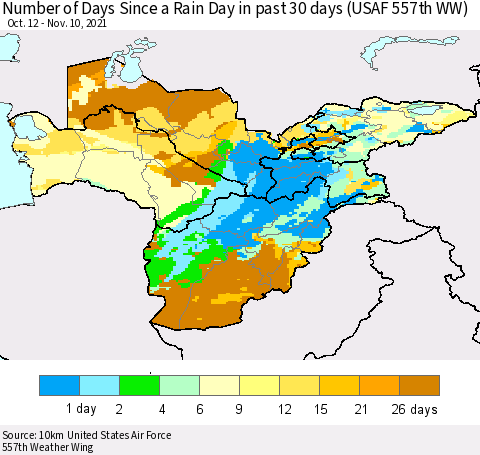 Central Asia Number of Days Since a Rain Day in past 30 days (USAF 557th WW) Thematic Map For 11/6/2021 - 11/10/2021