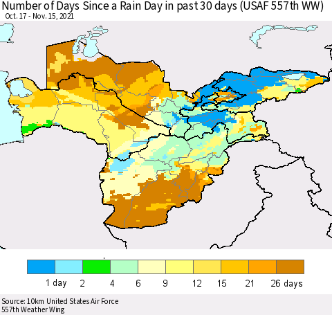 Central Asia Number of Days Since a Rain Day in past 30 days (USAF 557th WW) Thematic Map For 11/11/2021 - 11/15/2021