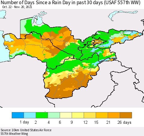 Central Asia Number of Days Since a Rain Day in past 30 days (USAF 557th WW) Thematic Map For 11/16/2021 - 11/20/2021