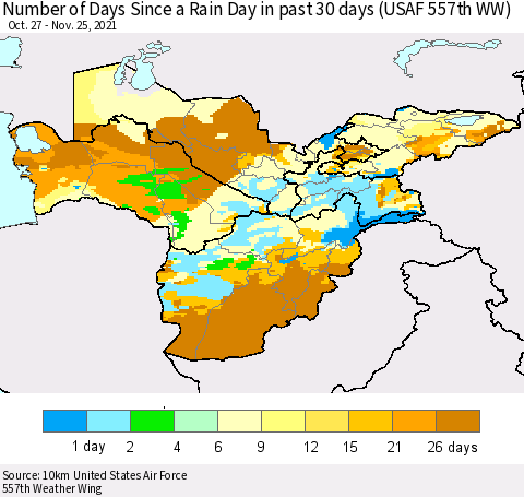 Central Asia Number of Days Since a Rain Day in past 30 days (USAF 557th WW) Thematic Map For 11/21/2021 - 11/25/2021