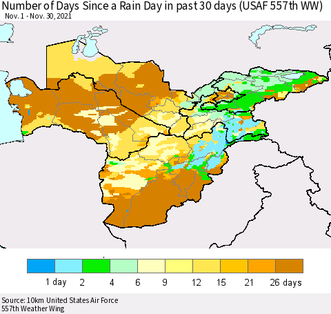 Central Asia Number of Days Since a Rain Day in past 30 days (USAF 557th WW) Thematic Map For 11/26/2021 - 11/30/2021