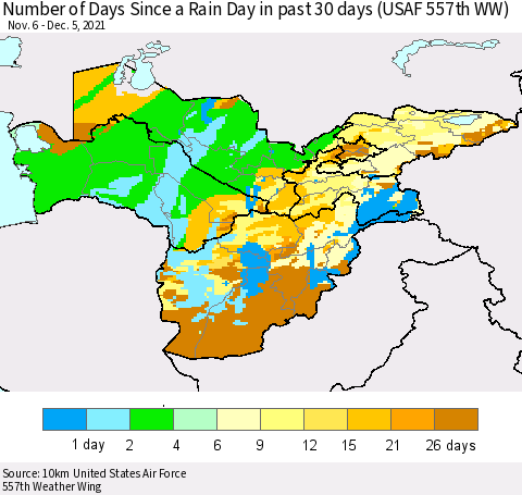 Central Asia Number of Days Since a Rain Day in past 30 days (USAF 557th WW) Thematic Map For 12/1/2021 - 12/5/2021