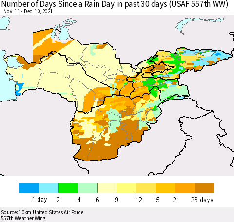 Central Asia Number of Days Since a Rain Day in past 30 days (USAF 557th WW) Thematic Map For 12/6/2021 - 12/10/2021