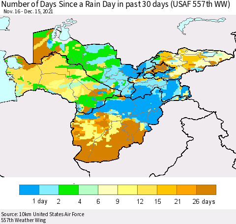 Central Asia Number of Days Since a Rain Day in past 30 days (USAF 557th WW) Thematic Map For 12/11/2021 - 12/15/2021