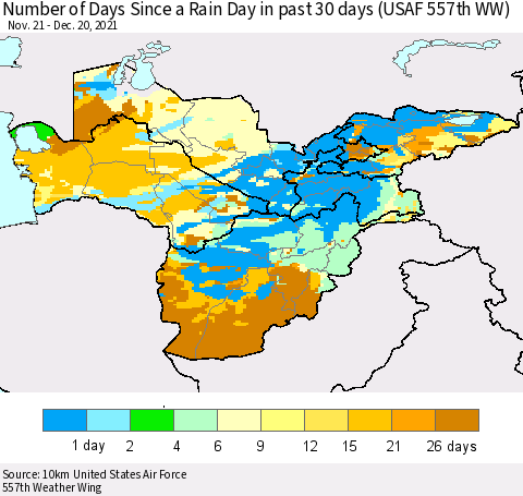 Central Asia Number of Days Since a Rain Day in past 30 days (USAF 557th WW) Thematic Map For 12/16/2021 - 12/20/2021
