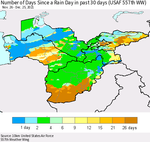 Central Asia Number of Days Since a Rain Day in past 30 days (USAF 557th WW) Thematic Map For 12/21/2021 - 12/25/2021