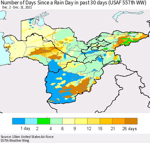 Central Asia Number of Days Since a Rain Day in past 30 days (USAF 557th WW) Thematic Map For 12/26/2021 - 12/31/2021