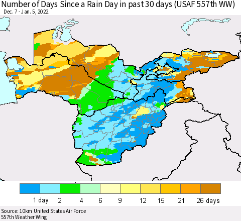 Central Asia Number of Days Since a Rain Day in past 30 days (USAF 557th WW) Thematic Map For 1/1/2022 - 1/5/2022