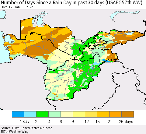 Central Asia Number of Days Since a Rain Day in past 30 days (USAF 557th WW) Thematic Map For 1/6/2022 - 1/10/2022