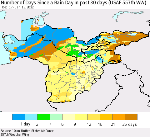 Central Asia Number of Days Since a Rain Day in past 30 days (USAF 557th WW) Thematic Map For 1/11/2022 - 1/15/2022
