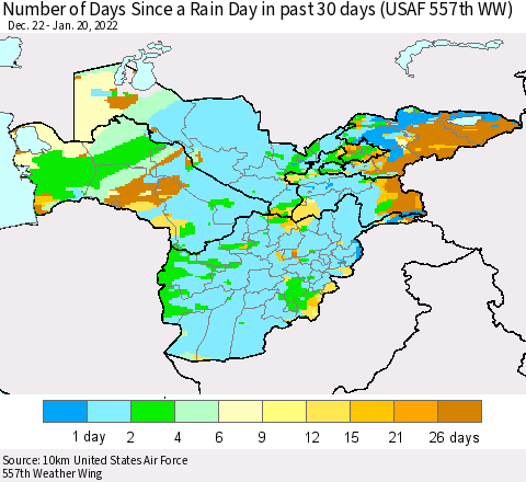 Central Asia Number of Days Since a Rain Day in past 30 days (USAF 557th WW) Thematic Map For 1/16/2022 - 1/20/2022