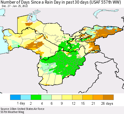 Central Asia Number of Days Since a Rain Day in past 30 days (USAF 557th WW) Thematic Map For 1/21/2022 - 1/25/2022